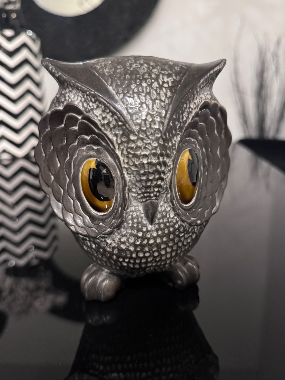 Metallic Owl Figurine with Amber Eyes by Freeman & McFarlin Potteries